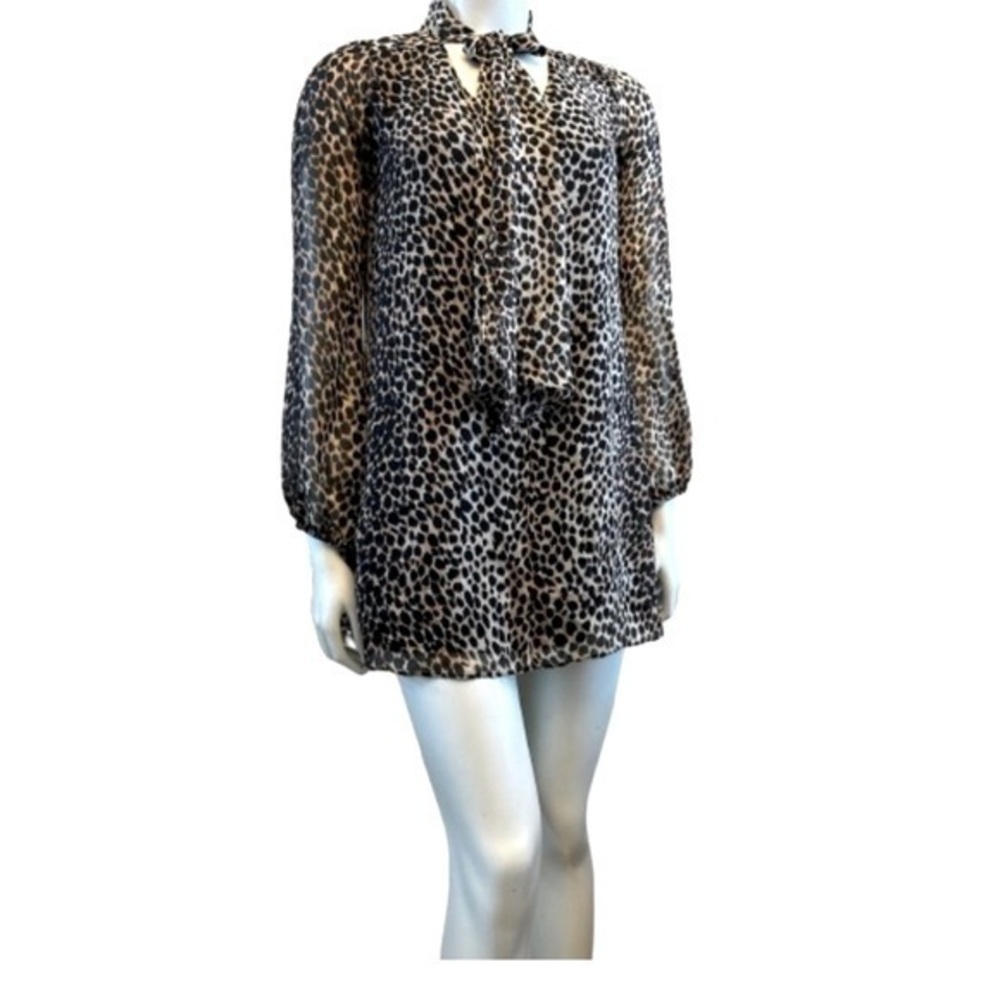 Design Lab Chic Animal Leopard Print Tunic Dress Neck Tie and Sheer Sleeves